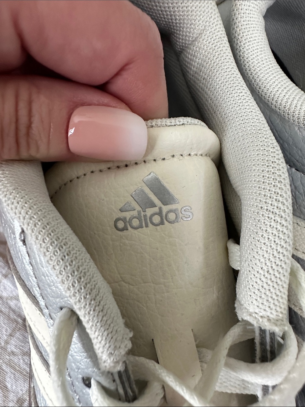 adidas Silver Sneakers with Cream Stripes and Brown Sole - Picture 2 of 7